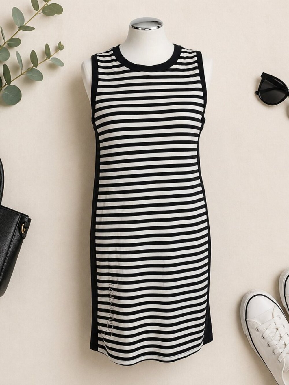 Calvin Klein Black White Striped Dress Sleeveless Midi M